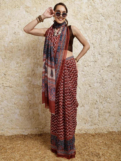 Ajrakh Printed Saree- Umber