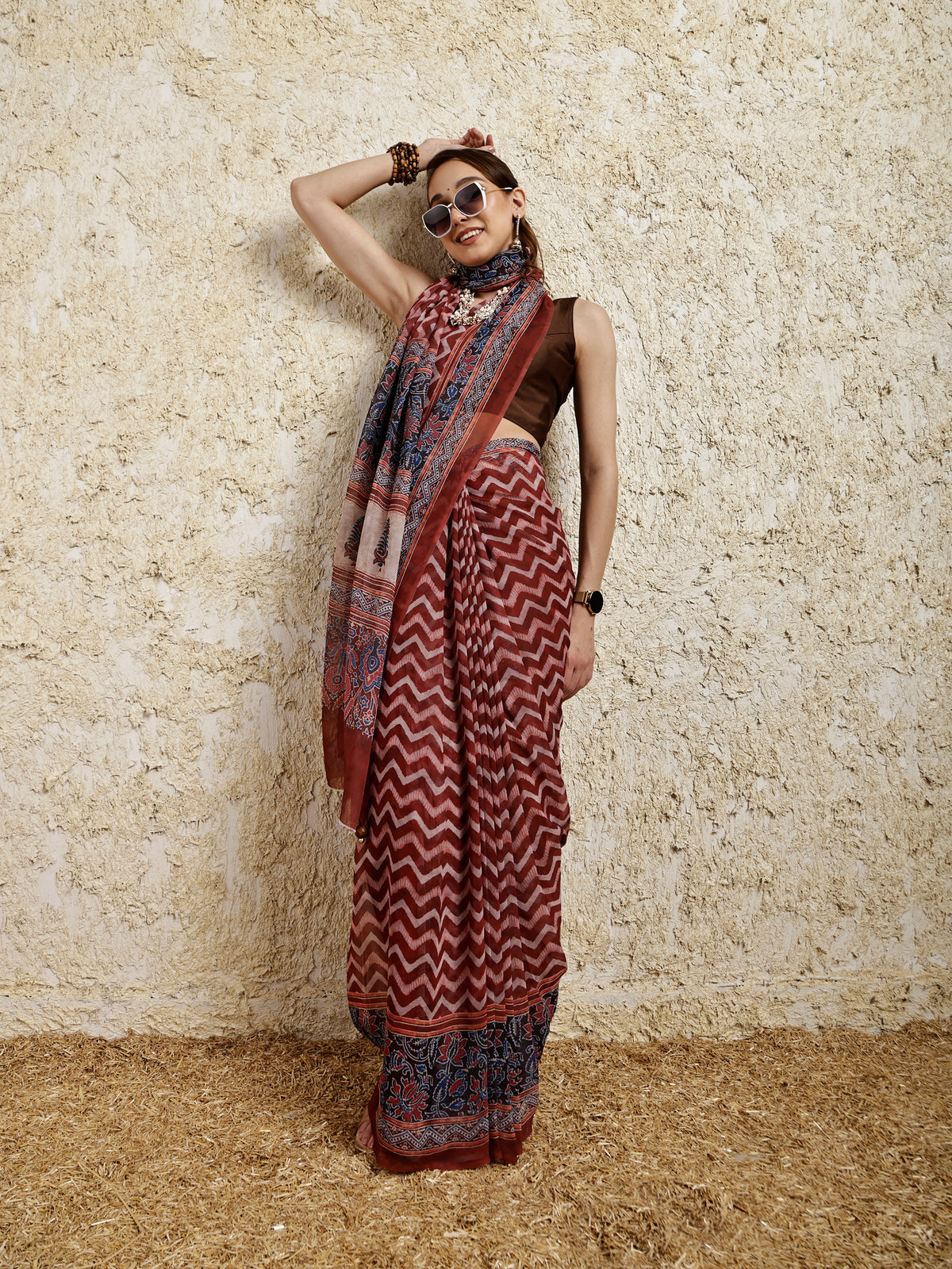 Ajrakh Printed Saree- Umber