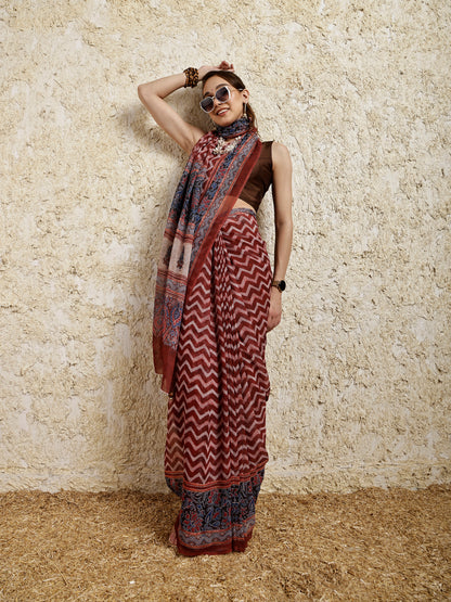 Ajrakh Printed Saree- Umber