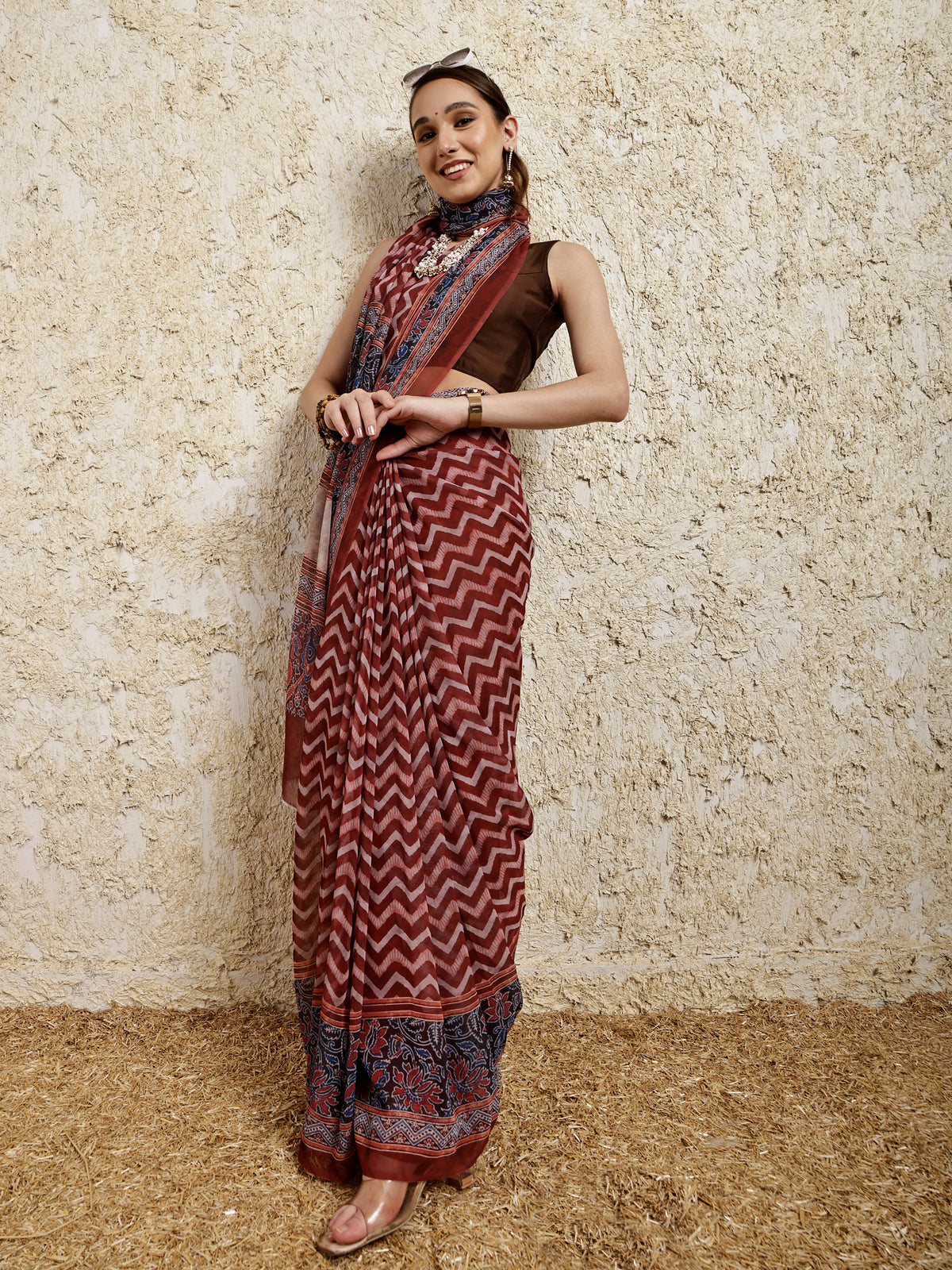 Ajrakh Printed Saree- Umber