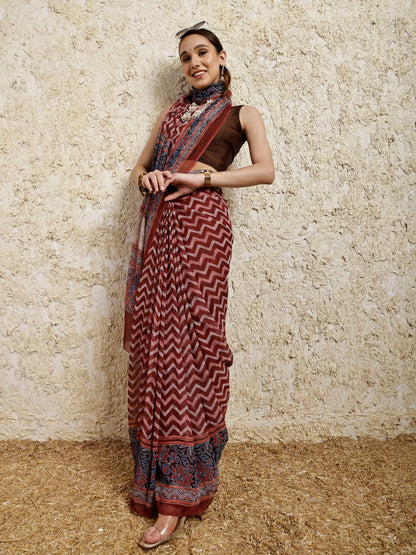 Ajrakh Printed Saree- Umber