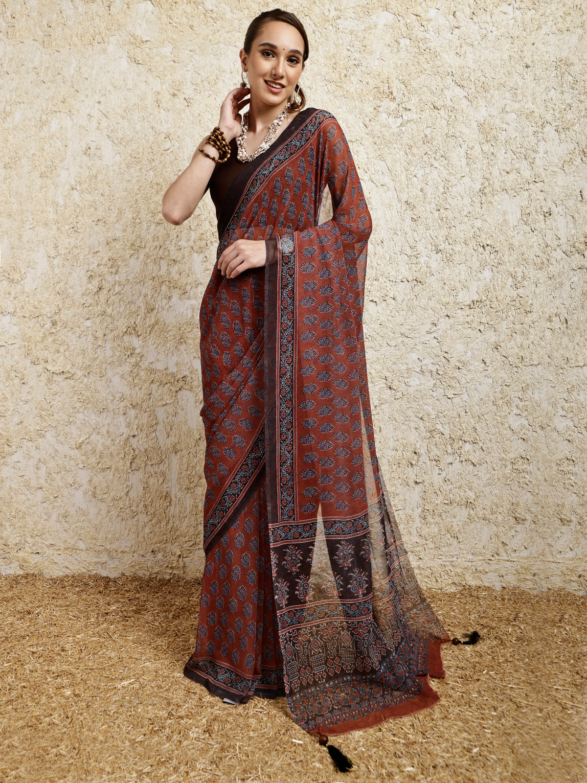 Ajrakh Printed Saree- Mitti