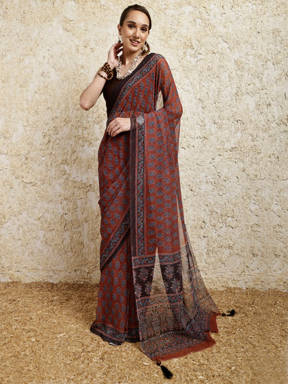 Ajrakh Printed Saree- Mitti