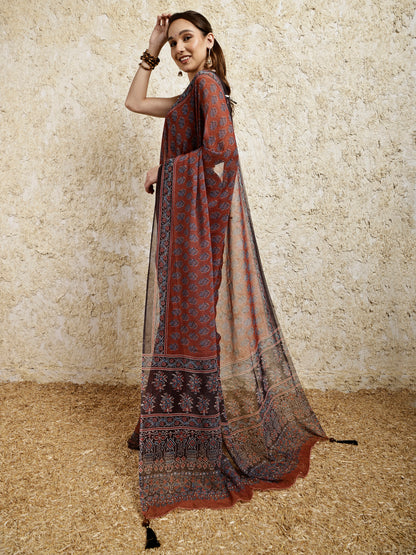 Ajrakh Printed Saree- Mitti