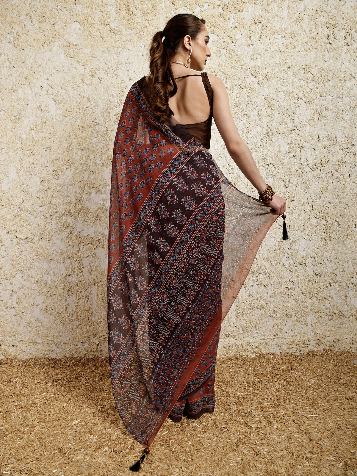 Ajrakh Printed Saree- Mitti