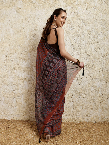 Ajrakh Printed Saree- Mitti