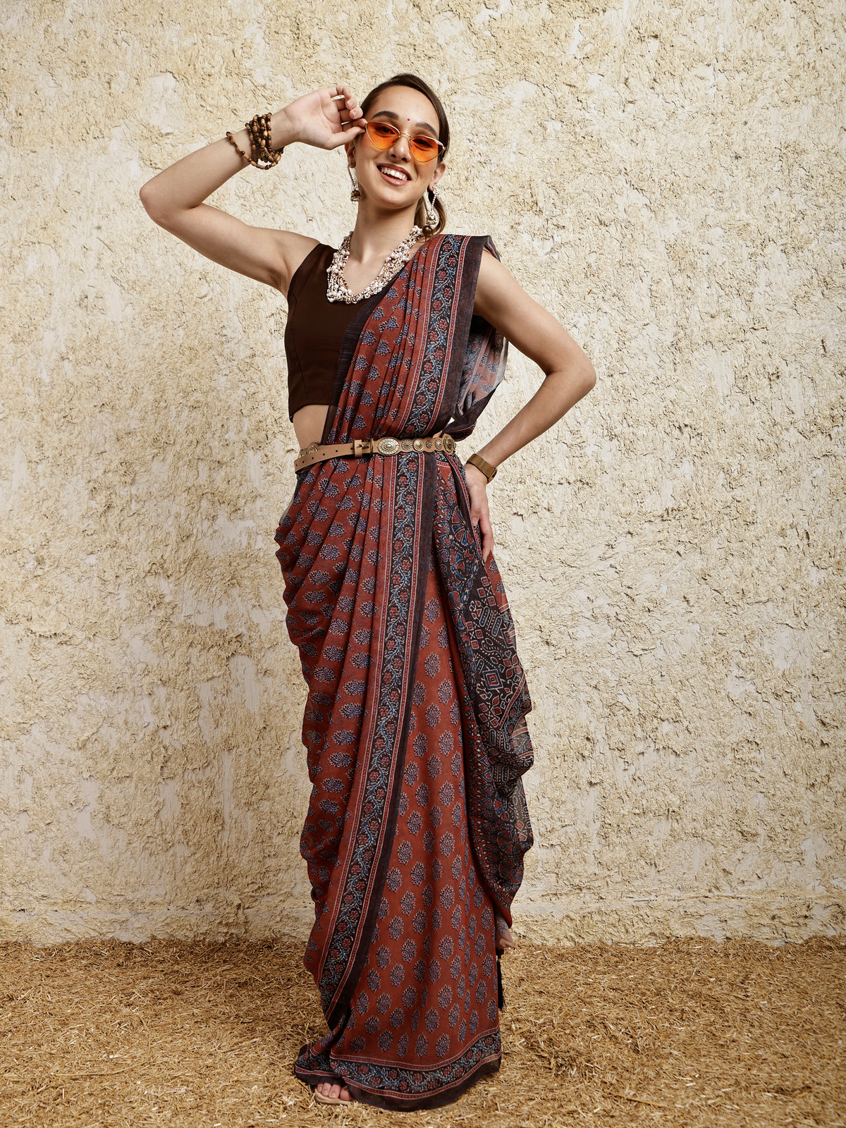 Ajrakh Printed Saree- Mitti