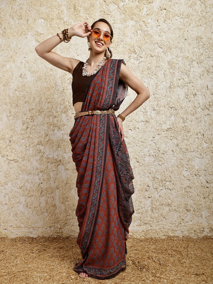 Ajrakh Printed Saree- Mitti