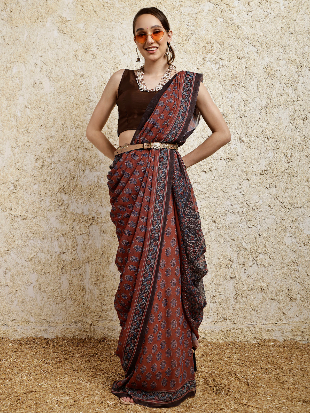 Ajrakh Printed Saree- Mitti