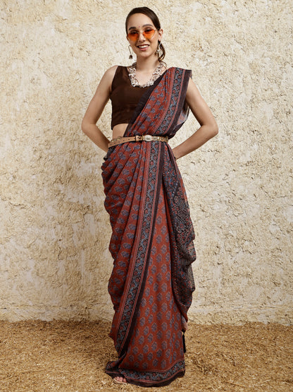 Ajrakh Printed Saree- Mitti