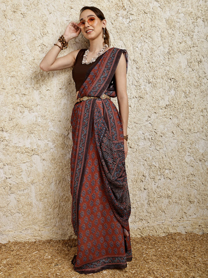 Ajrakh Printed Saree- Mitti