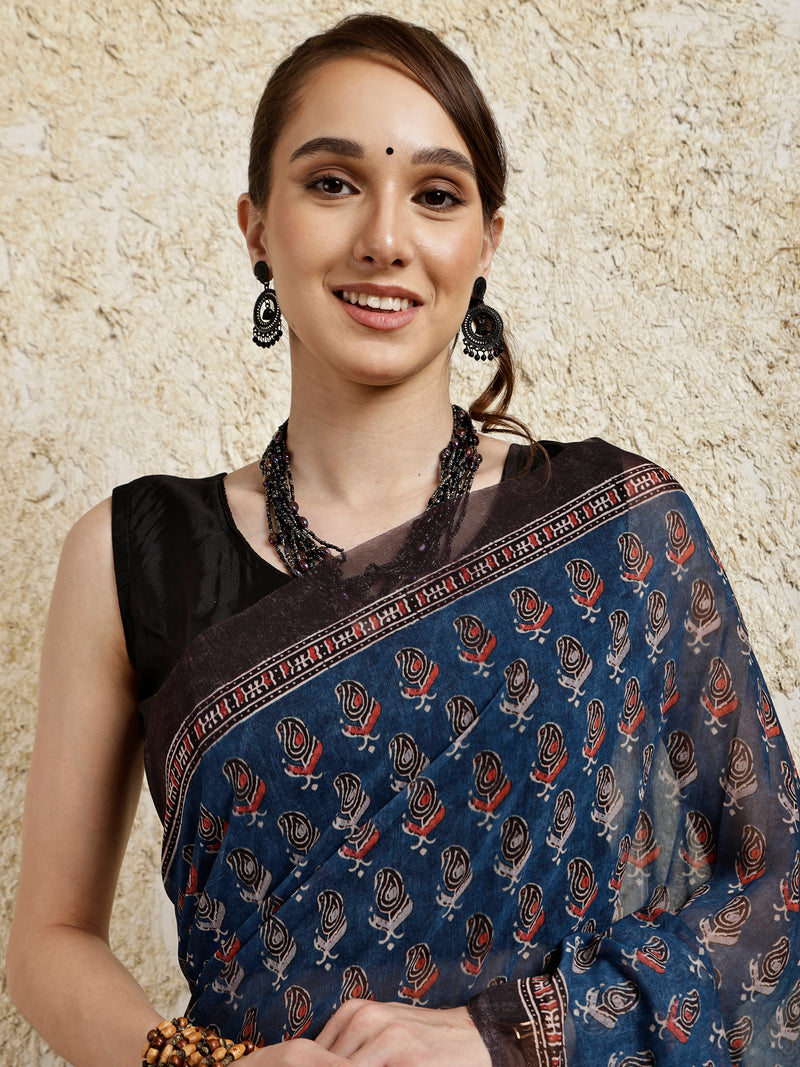 Ajrakh Printed Saree- Ambi