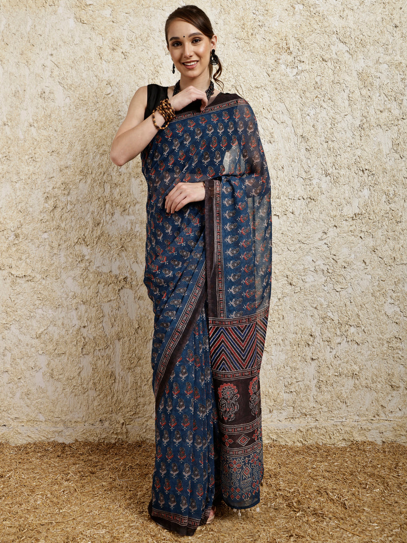 Ajrakh Printed Saree- Ambi