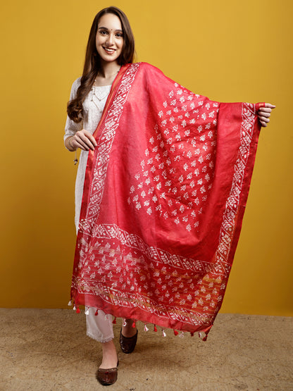 Cotton Dupatta- Batik - Red