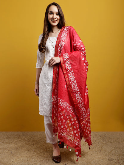 Cotton Dupatta- Batik - Red