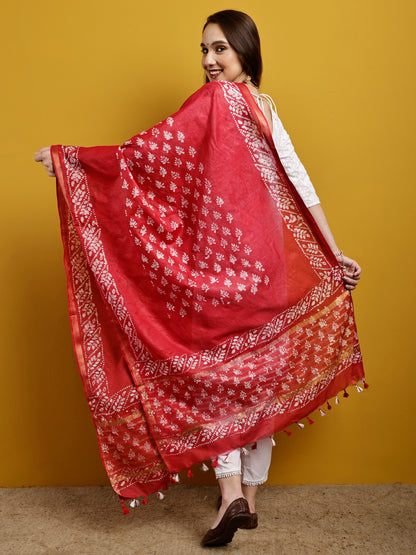 Cotton Dupatta- Batik - Red