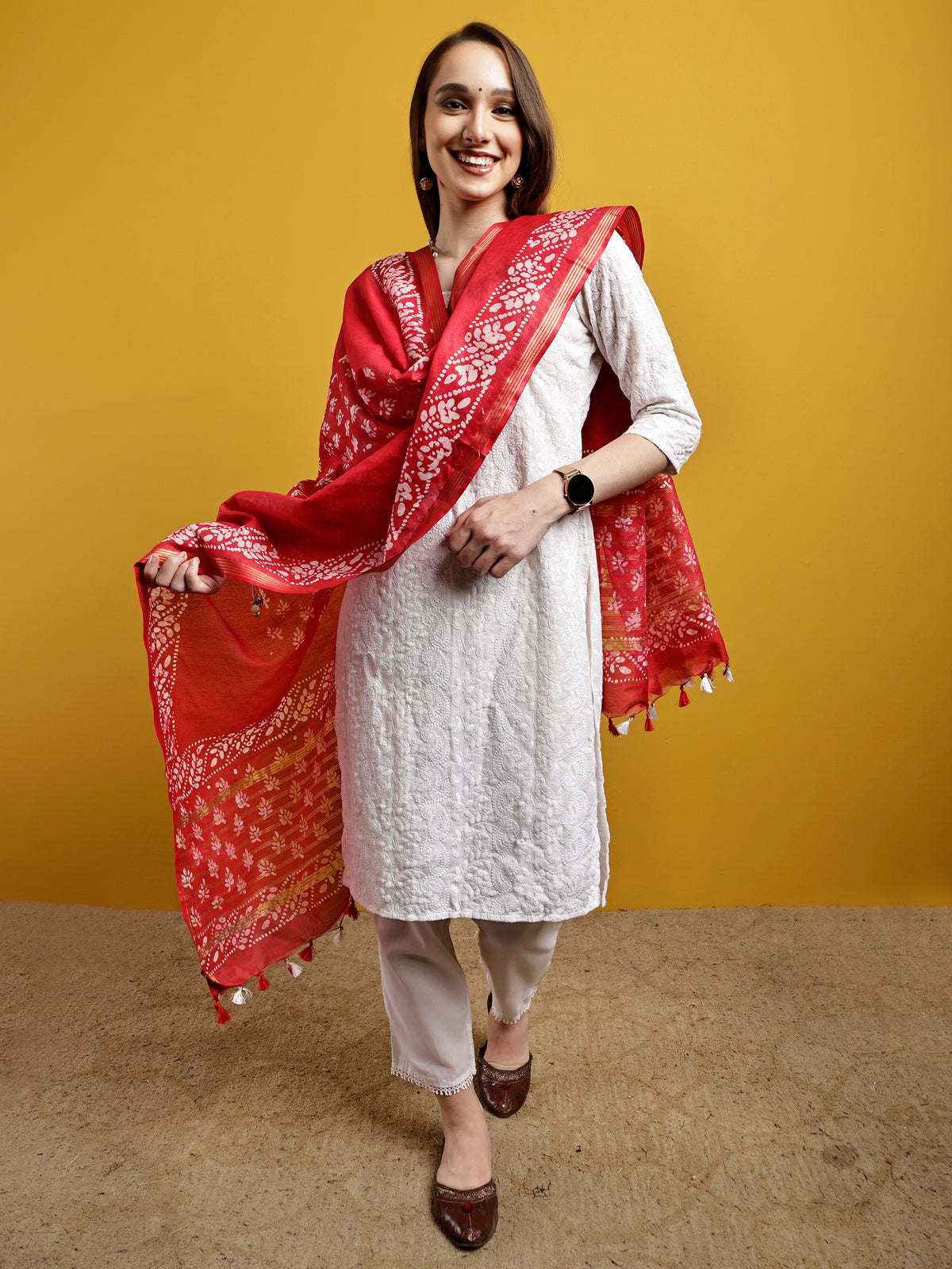 Cotton Dupatta- Batik - Red