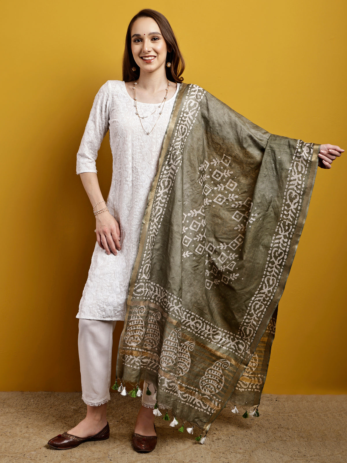 Cotton Dupatta- Batik - Olive Green