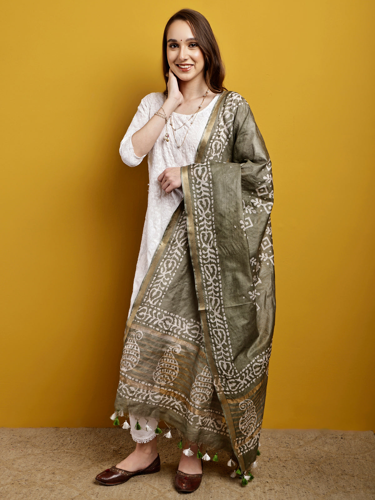 Cotton Dupatta- Batik - Olive Green