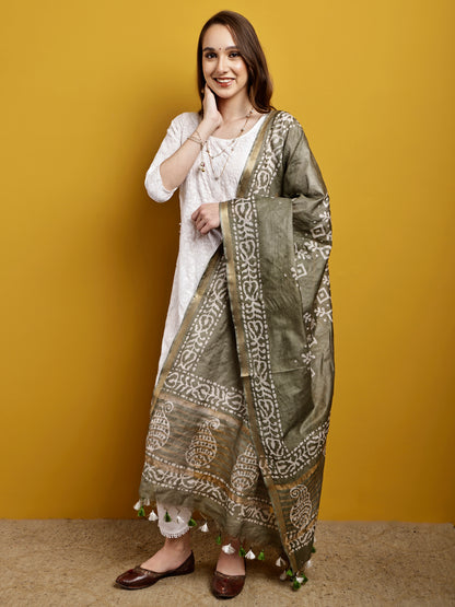 Cotton Dupatta- Batik - Olive Green