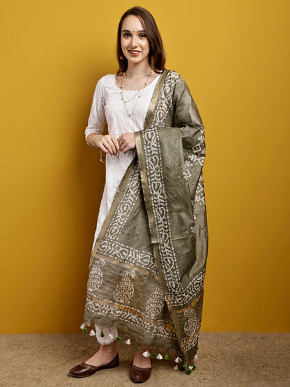 Cotton Dupatta- Batik - Olive Green