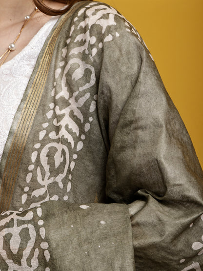 Cotton Dupatta- Batik - Olive Green
