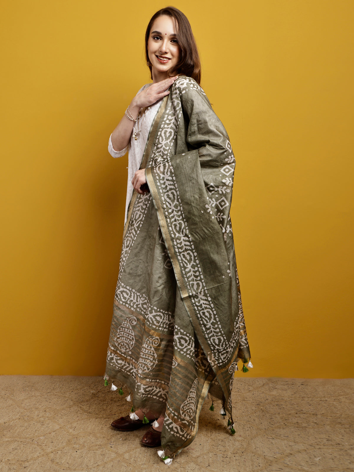 Cotton Dupatta- Batik - Olive Green