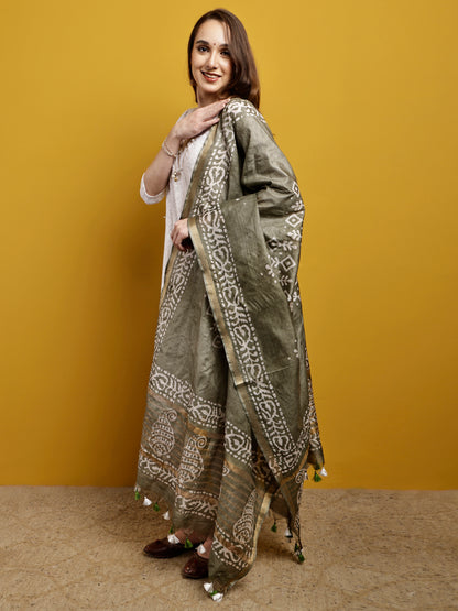 Cotton Dupatta- Batik - Olive Green