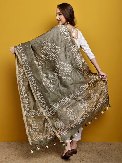 Cotton Dupatta- Batik - Olive Green
