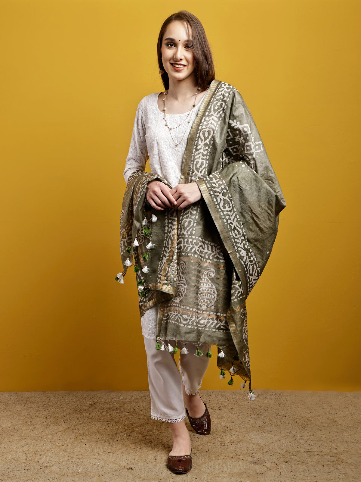 Cotton Dupatta- Batik - Olive Green