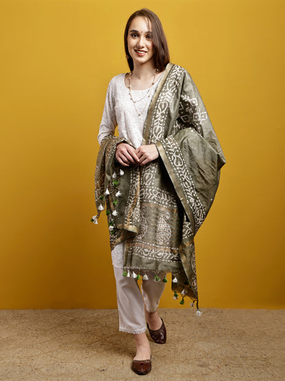 Cotton Dupatta- Batik - Olive Green