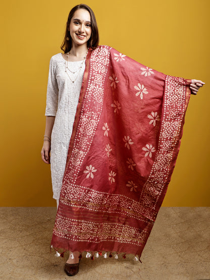 Cotton Dupatta- Batik - Brick Red