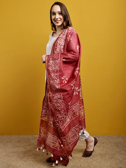Cotton Dupatta- Batik - Brick Red
