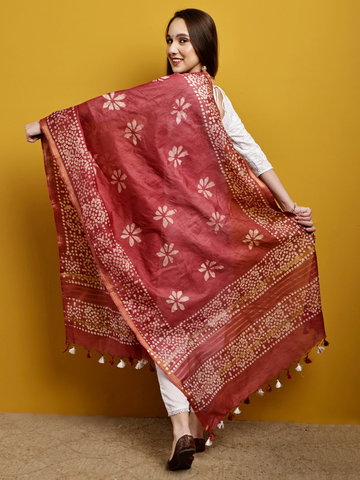 Cotton Dupatta- Batik - Brick Red