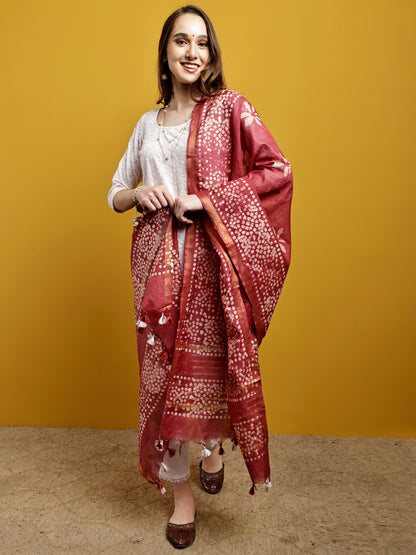 Cotton Dupatta- Batik - Brick Red