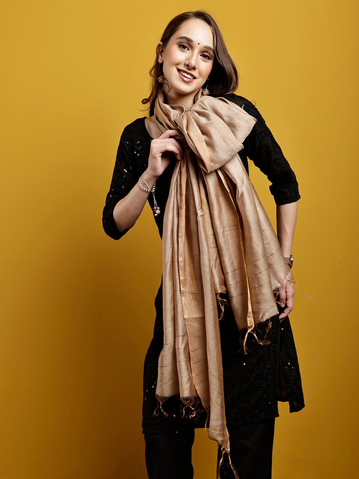 Handloom Modal Satin Dupatta-Sunheri Saadgi