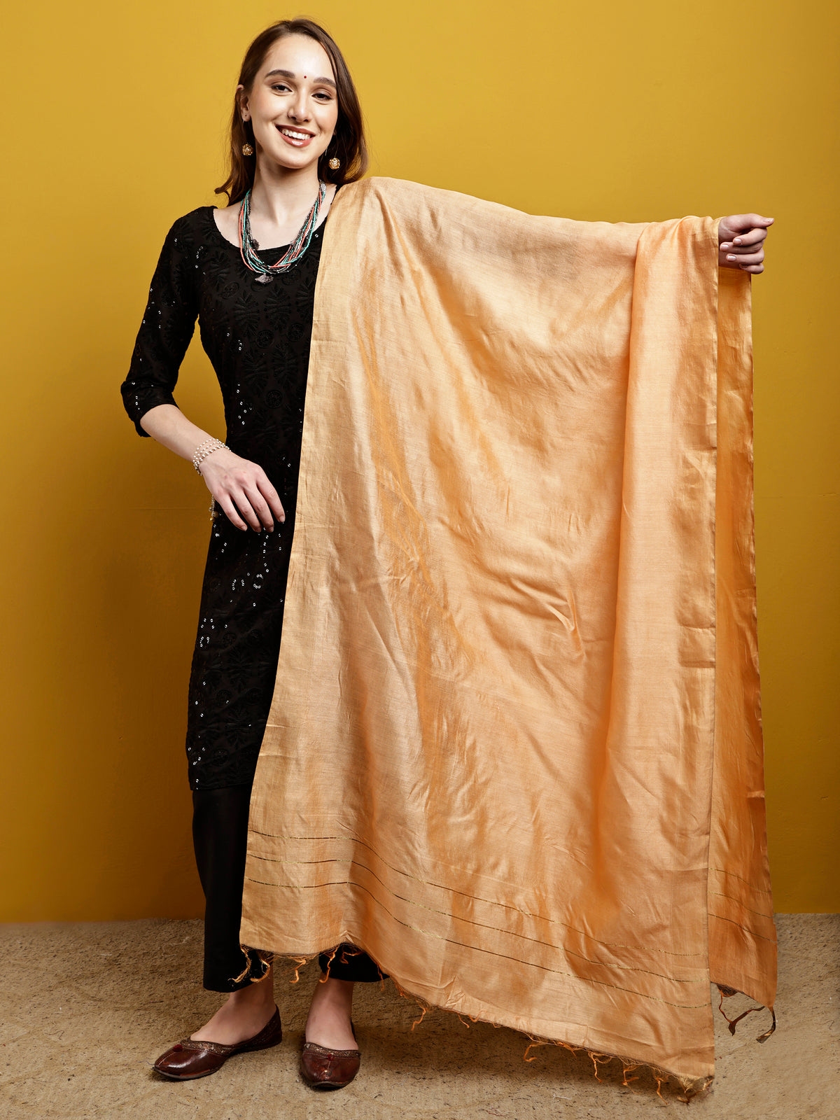 Handloom Modal Satin Dupatta-Sunheri Peach