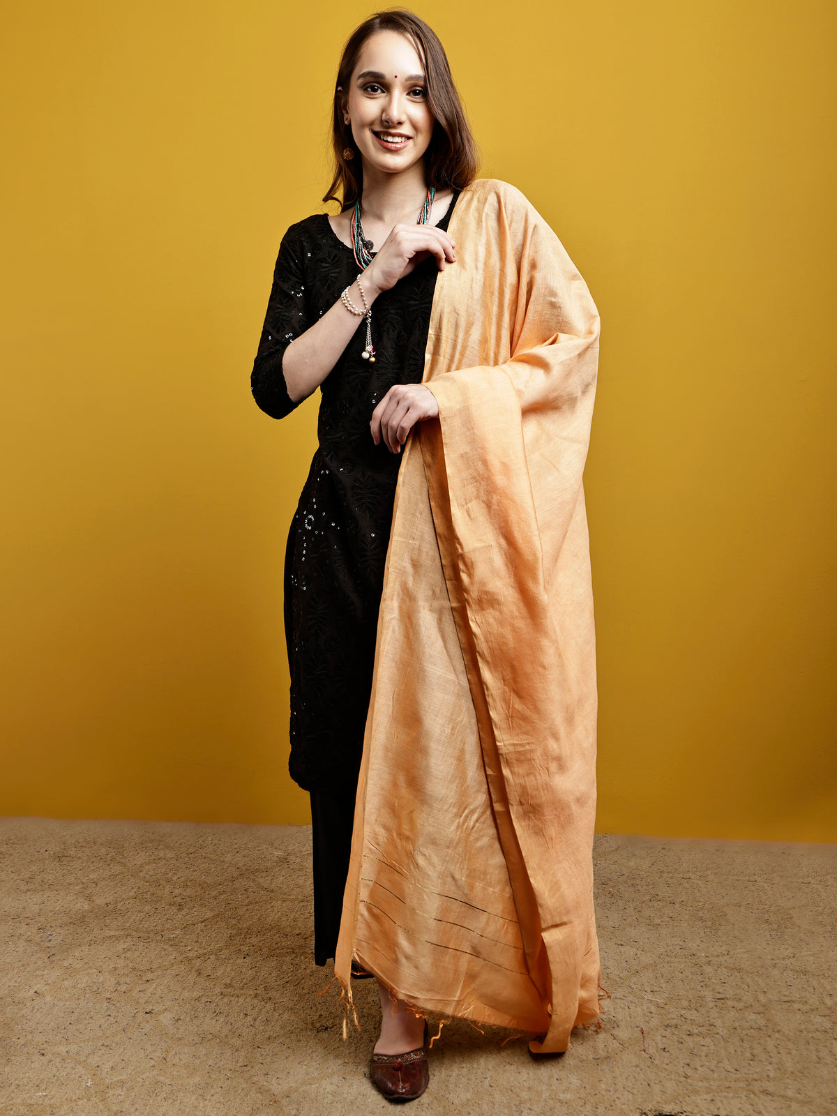 Handloom Modal Satin Dupatta-Sunheri Peach