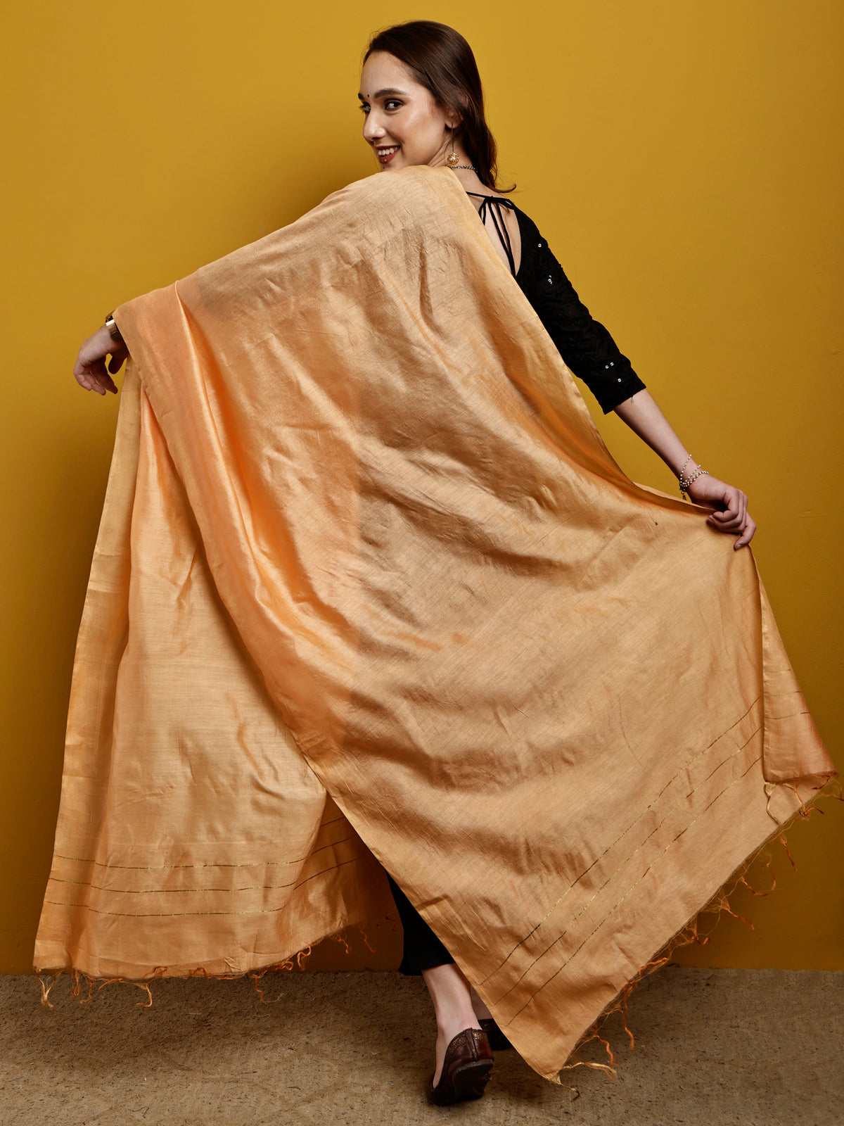 Handloom Modal Satin Dupatta-Sunheri Peach