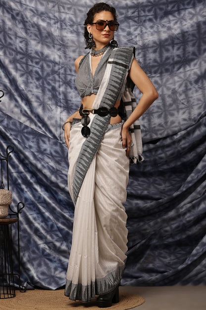 Handloom Saree-Black N White Temple Border