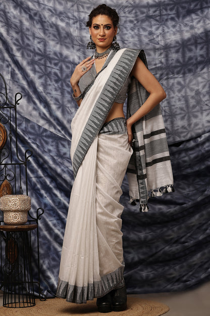 Handloom Saree-Black N White Temple Border