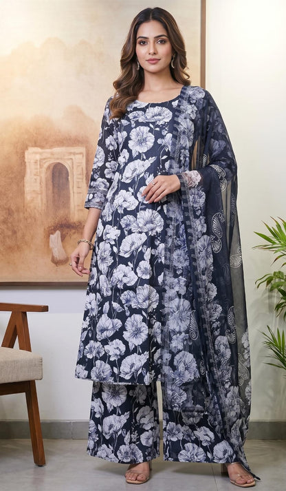 Cambric Cotton Floral Unstitched Suit- Black