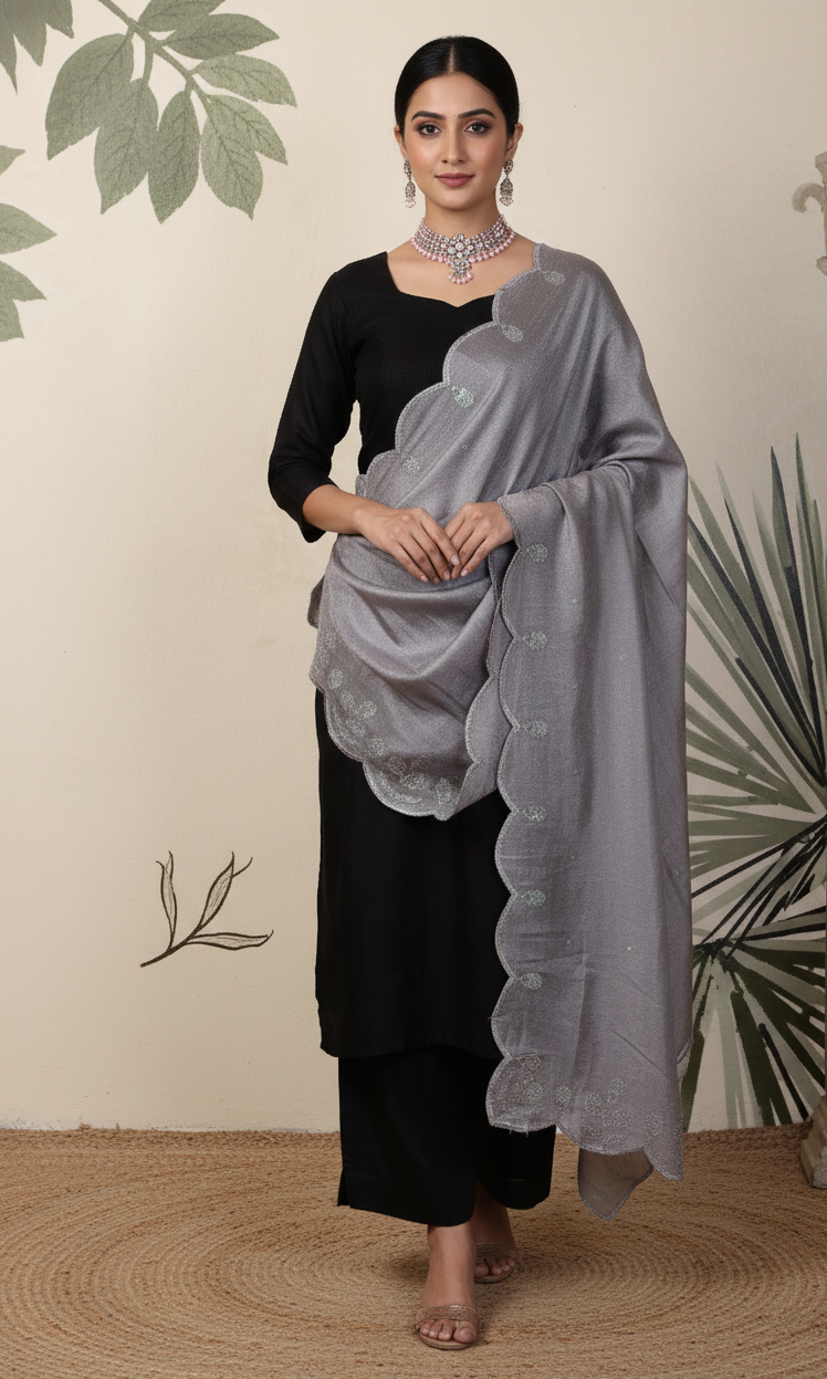 Black Linen Unstitched Suit Set with Grey Sequins Embroidered Dupatta
