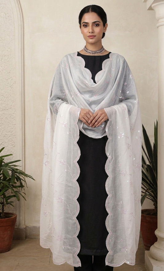 Black Linen Unstitched Suit Set with White Sequins Embroidered Dupatta