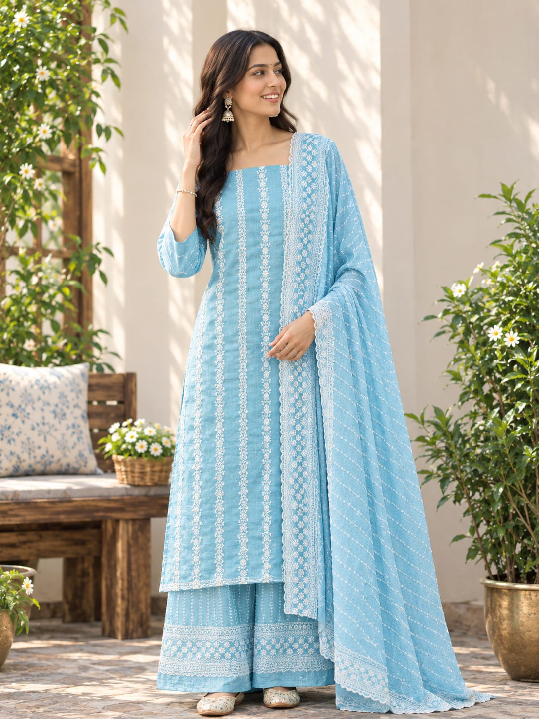 Cotton Embroidered Unstitched Suit- Meher Dusty Blue Bel