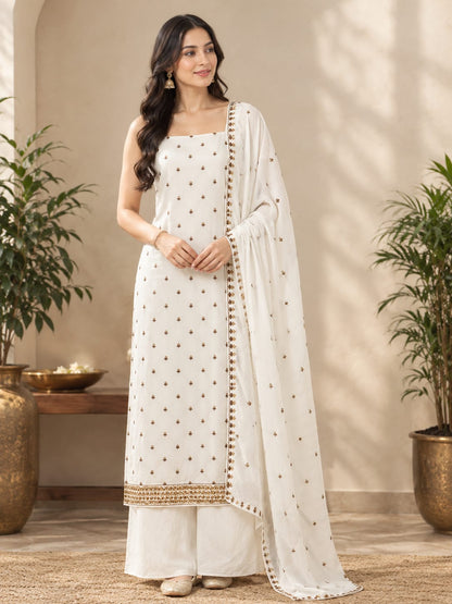 Cotton Embroidered Unstitched Suit- Gulmohar Zari Buti Brown