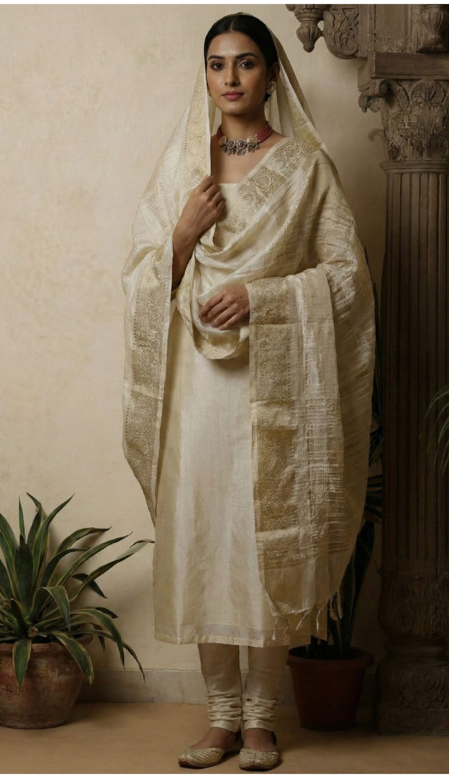 Gold Tissue Unstitched Suit Set with Crushed Banarasi Dupatta