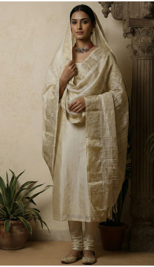 Gold Tissue Unstitched Suit Set with Crushed Banarasi Dupatta