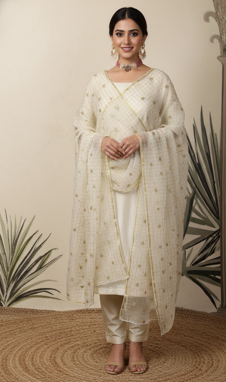 Gold Tissue Unstitched Suit Set with Embroidered Organza Dupatta