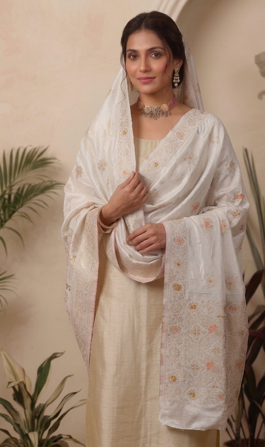 Gold Tissue Unstitched Suit Set with Mina Floral Dupatta